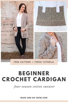 the beginner crochet cardigan pattern is shown with instructions to make it