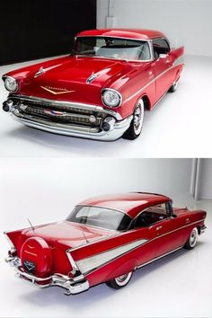 two pictures of an old red car with chrome rims, and the same one in color