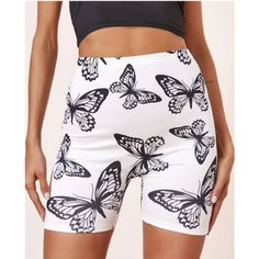 White Biker Shorts With Black Butterfly Print Size 4 Size 12 Casual Fitted Above Knee Shorts, Casual Fitted Above-knee Shorts, Casual Summer Bottoms With Butterfly Print, Casual Butterfly Print Bottoms For Summer, Casual Fitted Biker Shorts, White Above Knee Spring Bottoms, Spring White Above Knee Bottoms, White Above-knee Spring Bottoms, High Waist Biker Shorts For Summer