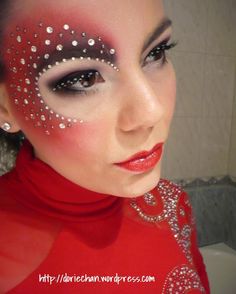 Trapeze Artist Makeup, Red Face Paint Ideas, Cirque Makeup, Color Guard Makeup, Red Face Paint, Recital Makeup, Makeup Carnaval, Circus Makeup, Crystals Red