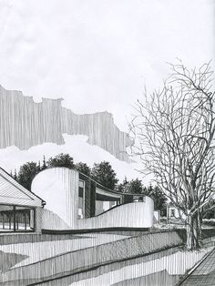 a pencil drawing of a house and trees