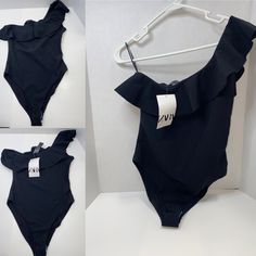 Nwt Zara Asymmetric Black Ruffle Shoulder Bodysuit Size M With Tag New Chic Asymmetrical Neckline Swimwear For Spring, Black Bodysuit With Asymmetrical Neckline For Party, Black Party Bodysuit With Asymmetrical Neckline, Chic Summer Bodysuit With Asymmetrical Neckline, Asymmetrical Neckline Bodysuit For Summer, Chic Zara One-piece Bodysuit, Chic One-piece Bodysuit By Zara, Black One-shoulder Bodysuit For Summer, Black One-shoulder Bodysuit For Spring