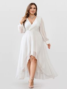 46ababf5-06bc-435f-be7c-1c5dd16191d7 Asymmetrical Bridesmaid Dress, Wedding Day Dresses, Party Dress Inspiration, Plus Size Party, White Bridesmaid Dresses, Chiffon Bridesmaid Dresses, Plus Size Party Dresses, White Long Sleeve Dress, Lantern Sleeve Dress