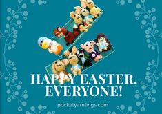 there are many stuffed animals in the shape of an e on this happy easter card