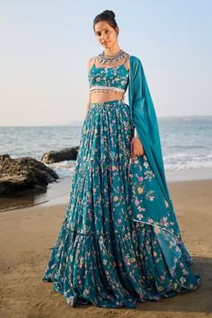 Buy Pink Chiffon Printed Floral Pattern V Neck Kaftan For Women by Mandira Wirk Online at Aza Fashions in US Lengha Dress, Tiered Lehenga, Dresses Traditional, Kingfisher Bird, Georgette Tops, Embroidered Lehenga, Desi Clothes, Indian Clothes