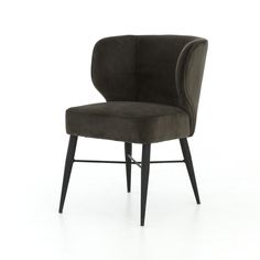 an upholstered chair with black legs and a dark colored seat, on a white background