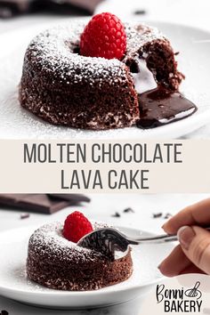 two pictures of chocolate lava cake with raspberries on top