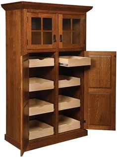 a wooden cabinet with two doors and shelves on one side, an open drawer in the other