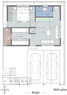 the floor plan for a small apartment with two cars parked in front of it and another car