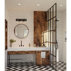 a bathroom with black and white checkered flooring, a mirror above the sink