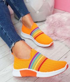 Rainbow Design Sneakers Shoes for Women Red Dress Shoes, Leopard Ankle Boots, Rainbow Sneakers, Orange Sneakers, Shoes Girl, Mesh Fashion, Mesh Heels, Lgbt Flag, Ankle Socks Women