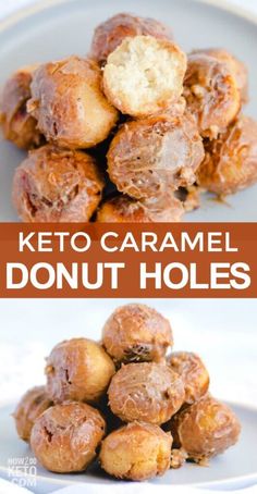 keto caramel donut holes are stacked on top of each other and ready to be eaten