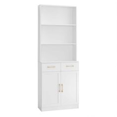 a white bookcase with two doors and drawers