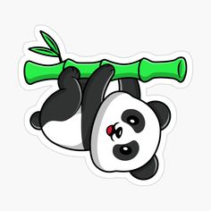 a cartoon panda bear hanging upside down on a tree branch sticker with green leaves