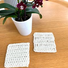 two crocheted coasters sitting on a table next to a potted plant