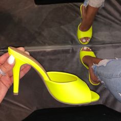 Super Comfortable And Cute Neon Heels Spring Casual Heels For Night Out, Casual Spring Heels For Night Out, Chic Yellow Heels For Night Out, Yellow Heels With 4-inch Heel For Night Out, Casual 4-inch Heels For Night Out, Yellow Synthetic Heels For Night Out, Yellow Synthetic Heels For A Night Out, Yellow Heels For Night Out In Spring, Peacock Heels