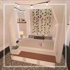 a bedroom with white walls and green plants on the wall