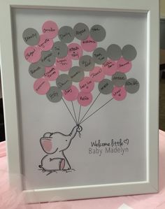 a baby's birth announcement is displayed in a white frame with pink and gray balloons