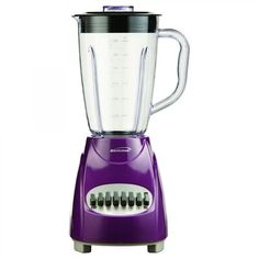 a purple blender sitting on top of a white table