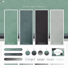 the green color palettes are all in different shades and sizes, including black, gray,