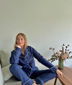 A 100% linen organic navy blue pajama set is the perfect gift for yourself and your closest people. Get these pajamas for your bridal party, bachelorette party, girl's getaway, or birthday party to make the moment extra special! It is also a great holiday outfit! The pajama style is trendy for many years. This material absorbs excess moisture from the skin and does not conduct static electricity.  The set includes a long sleeves jacket and matching pants. With pockets.  WE OFFER DISCOUNTS ON MULTIPLE ORDER (just write to us to know the details). WE MAY CHANGE THE LENGTH OF THE SLEEVES OR PANTS FOR YOU, OR MAYBE YOU WANT SHORTS? (just write to us about your wonders). We suggest to size up if you are in-between sizing or like a more relaxed look. Please refer to our size charts for more assi Silk Pyjama Outfit, Linen Pjs, Linen Matching Set, Bachelorette Pajamas, Navy Blue Pajamas, Pajamas Aesthetic, Bridesmaid Pajamas, Pajama Outfit, Cotton Pjs