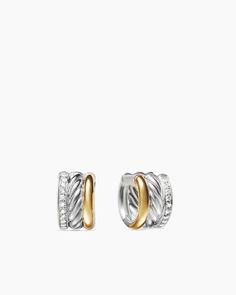 David Yurman | DY Mercer™ Huggie Hoop Earrings in Sterling Silver with 18K Yellow Gold and Diamonds, 14mm Holiday Lookbook, Huggie Hoop Earrings, Small Accessories, High Jewelry, David Yurman, Jewelry Pouch, Sterling Earrings, Pave Diamonds, Jewelry Inspiration