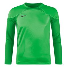 a green shirt with black nike logo on the chest and long sleeves, it is worn by