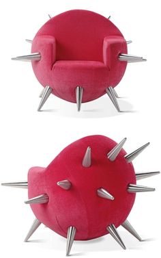 two red chairs with spikes on them