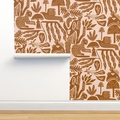 an image of a wallpaper with plants and mushrooms on it in the corner of a room