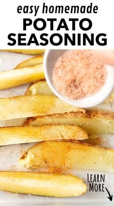 baked potato wedges with seasoning on top and the title overlay reads, easy homemade potato seasoned