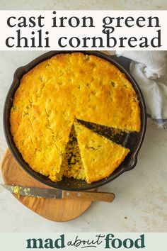 a cast iron green chili cornbread in a skillet