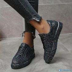 Orcajump - Sparkling Flat Single Shoes with Lace-up Design for Casual and Smart Wear in Various Sizes Smart Wear, Sparkle, Lace Up, Heels, Lace, How To Wear, Black, Design