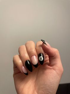 #nails #nailinspo #nailart #8ball 8 Ball Acrylic Nails, Black Nail Design Ideas, 8ball Nail Design, 8 Ball Nail Art, Bowling Nails, Magic 8 Ball Nails, Eight Ball Nails, 8ball Nails