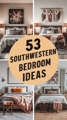 the bedroom is decorated in neutral colors and has an orange circle over it that says 53 southwestern bedroom ideas