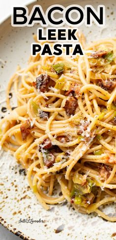 bacon, leek and broccoli pasta on a white plate with text overlay