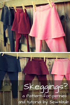 three different skirts hanging on clothes line with text overlay saying, how to sew leggings?