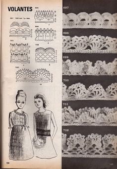 an old book with crochet laces on it and two pictures of women in dresses