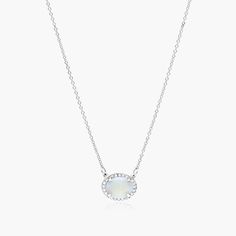 14K White Gold East West Oval White Opal and Diamond Halo Necklace-37006w14 October Birthstone Necklace, Engagement Necklaces, Necklace White Gold, Necklace Chain Types, Halo Necklace, White Gold Necklace, Simple Diamonds, Halo Setting, Necklace Diamond