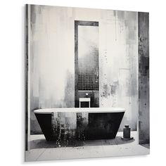 a black and white photo of a bathtub in a bathroom