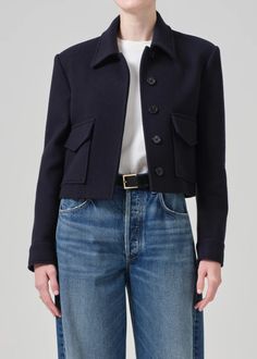 Corina Cropped Boxy Jacket in Navy – Citizens of Humanity Denim Sweater Jacket, Boxy Jacket, Denim Sweater, Navy Jacket, Jumpsuit Jacket, Wool Blend Jacket, Eyewear Design, Cropped Jacket, Citizens Of Humanity