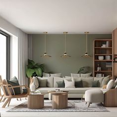 a living room filled with furniture next to a window and bookshelf on the wall