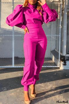 Olivia Mark - Womens Solid Patchwork Turtleneck Long Sleeve Two-Piece Set in Black for Fashion-Forward Casual Wear Trendy Pink Long Sleeve Jumpsuit, Trendy Pink Long Sleeve Jumpsuits And Rompers, Pink Stretch Jumpsuits And Rompers, Fitted Pink Jumpsuits And Rompers With Pockets, Pink Stretch Jumpsuit With Long Sleeves, Pink Stretch Long Sleeve Jumpsuits And Rompers, Fold Turtleneck, Pant Suits For Women, Lantern Sleeve Top