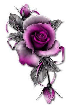 a drawing of a purple rose with leaves