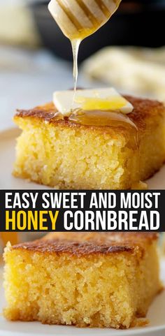 honey cornbread is being drizzled over the top of it on a white plate