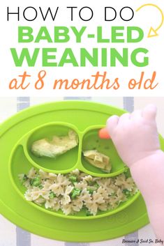 a green plate with some food in it and the words how to do baby - led weaning at 8 months old