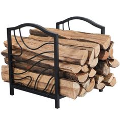 a stack of logs sitting next to each other on top of a metal rack filled with wood