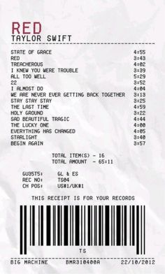 the receipt for taylor swift's concert is shown in white paper with black and red stripes