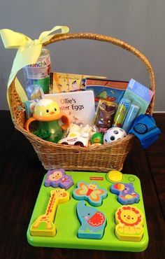 a basket filled with toys sitting on top of a table