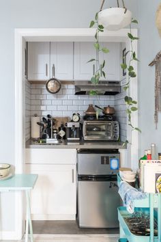 a kitchen with a stove, microwave and potted plant in the corner on the counter