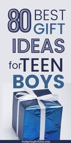 a blue gift box with white ribbon and the words,'80 best gift ideas for teen boys '